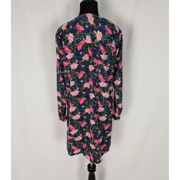 Old Navy Dress M Women's Blue Floral Long Sleeve Tie Neck Satin Shift - Picture 6 of 7